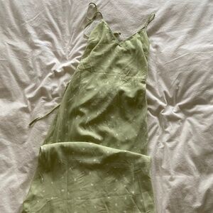 princess polly green midi poka dot dress with a tie back